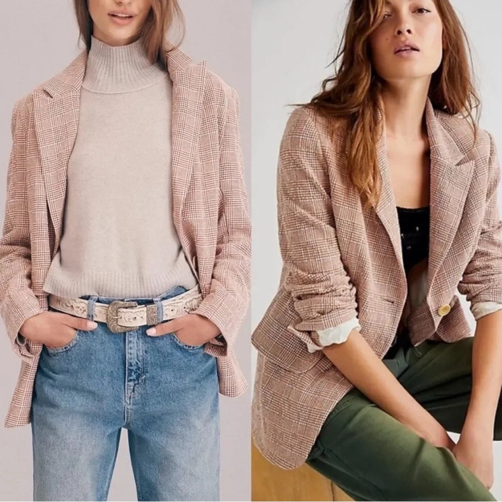 We The Free Blush Plaid Tailored Blazer